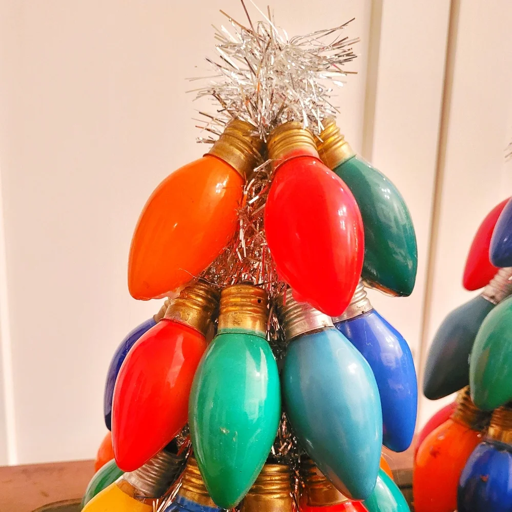 Set of 2 handmade vintage tinsel and lightbulb Christmas tree decorations